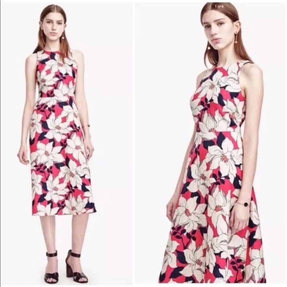 Ann Taylor Petite Linen Blend Midi Dress, Pink Vibrant Hibiscus, Size 10P